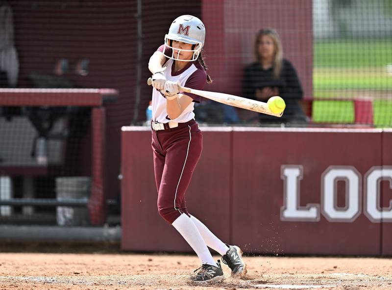 Marengo's first baseman Marissa Young at bat during the non-conference game against Lockport on Saturday, April. 27, 2024, at Lockport.