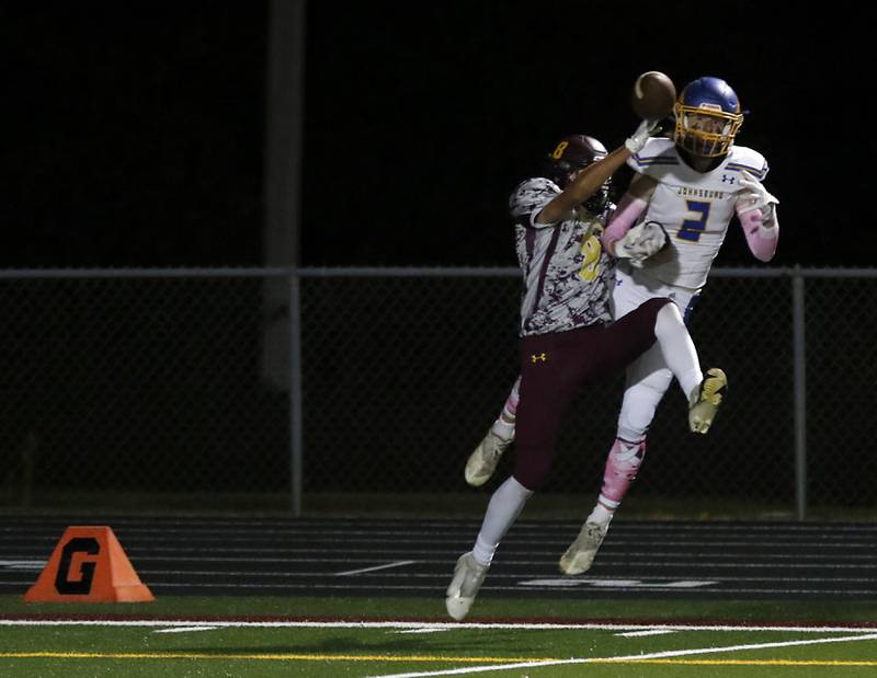 Richmond-Burton's Jack Martens knocks the pass away from Johnsburg's Maddux Malachuk during a Kishwaukee River Conference football game Friday, Oct. 7, 2022, between Richmond-Burton and Johnsburg at Richmond-Burton Community High School in Richmond.