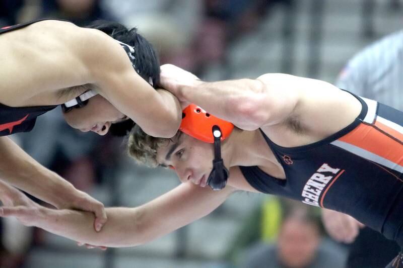 Huntley’s Rafael Sobrepena (left) battles McHenry’s Ryan Nagel at 138 pounds in their Fox Valley Conference dual on Friday in Huntley.