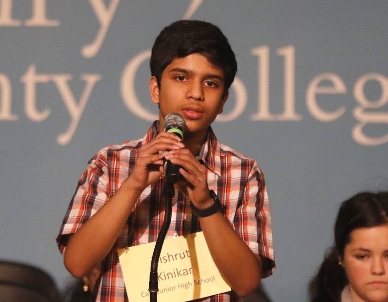 Vishrut Kinikar of Cary Junior High School competes in the McHenry County Regional Office of Education's 2023 spelling bee Wednesday, March 22, 2023, at McHenry County College's Luecht Auditorium in Crystal Lake.