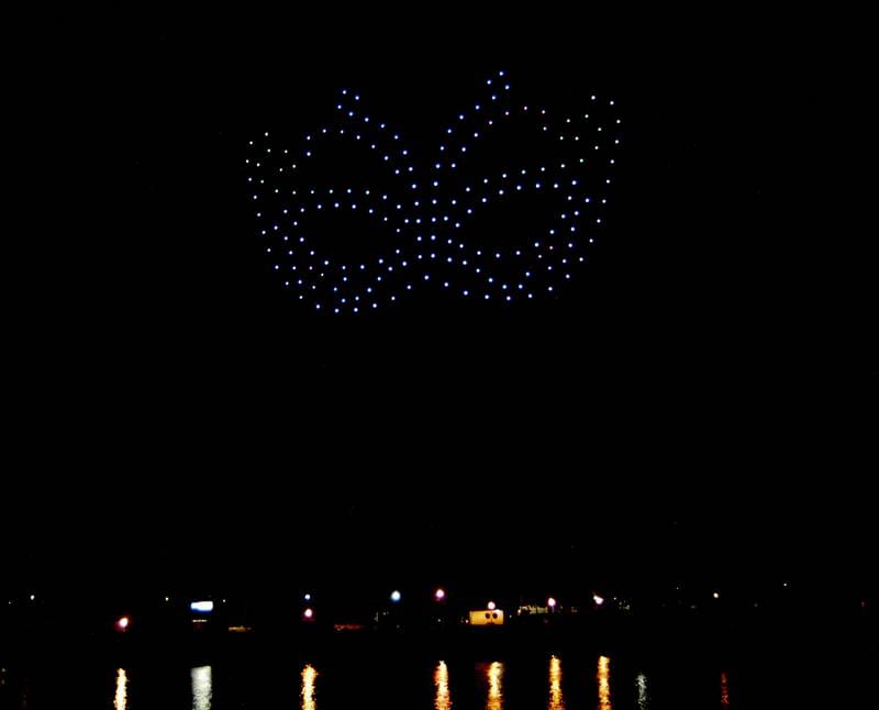 A theater mask is created in the night sky during the drone light show at Venetian Night in Dixon on Aug. 9, 2025.
