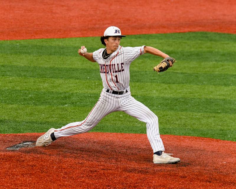 Romeoville's Jonny Lee (1) pitches during the regional game while taking on Yorkville on Thursday May 29, 2025, held at Yorkville High School.