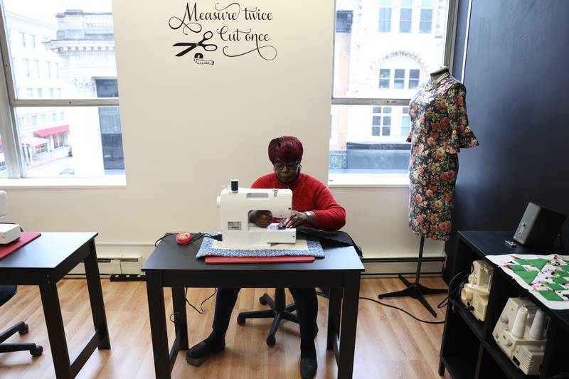 Linda Martin, one of the ‘Sewing Sistas’, works on a project at The Sewing Cafe on Thursday, Jan. 25th, 2024 in Joliet.