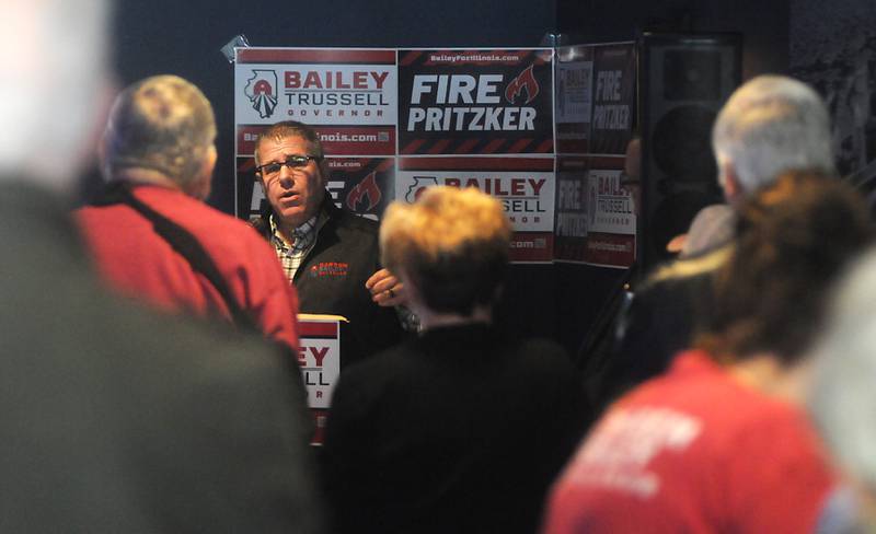 Darren Bailey, a Republican candidate for Illinois governor, speaks Thursday, March 3, 2022, during a stop at the Little Chef Restaurant in McHenry. Bailey, who is one of several Republicans expected to run for a governor, spoke to a room full of people during the first of four scheduled campaign stops Thursday.