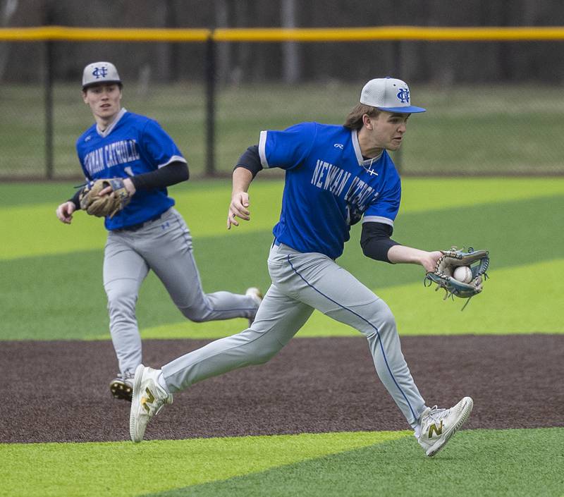 Newman’s Garet Wolfe fields a ball at third base against Sterling Thursday, March 26, 2026.