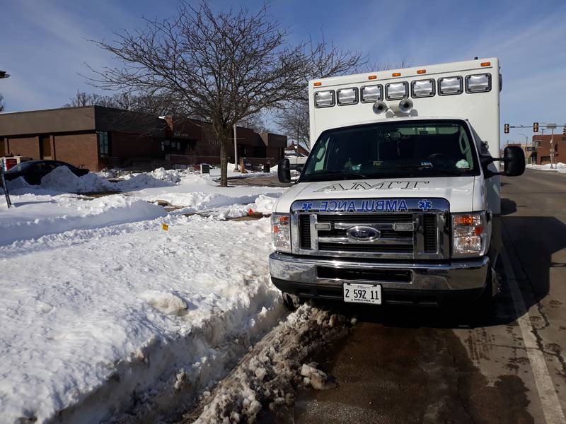 An Advanced Medical Transport ambulance is parked in front of Streator City Hall on Tuesday, Feb. 8, 2022. The ambulance service is asking the city to financially contribute to keep the ambulance service in the city.