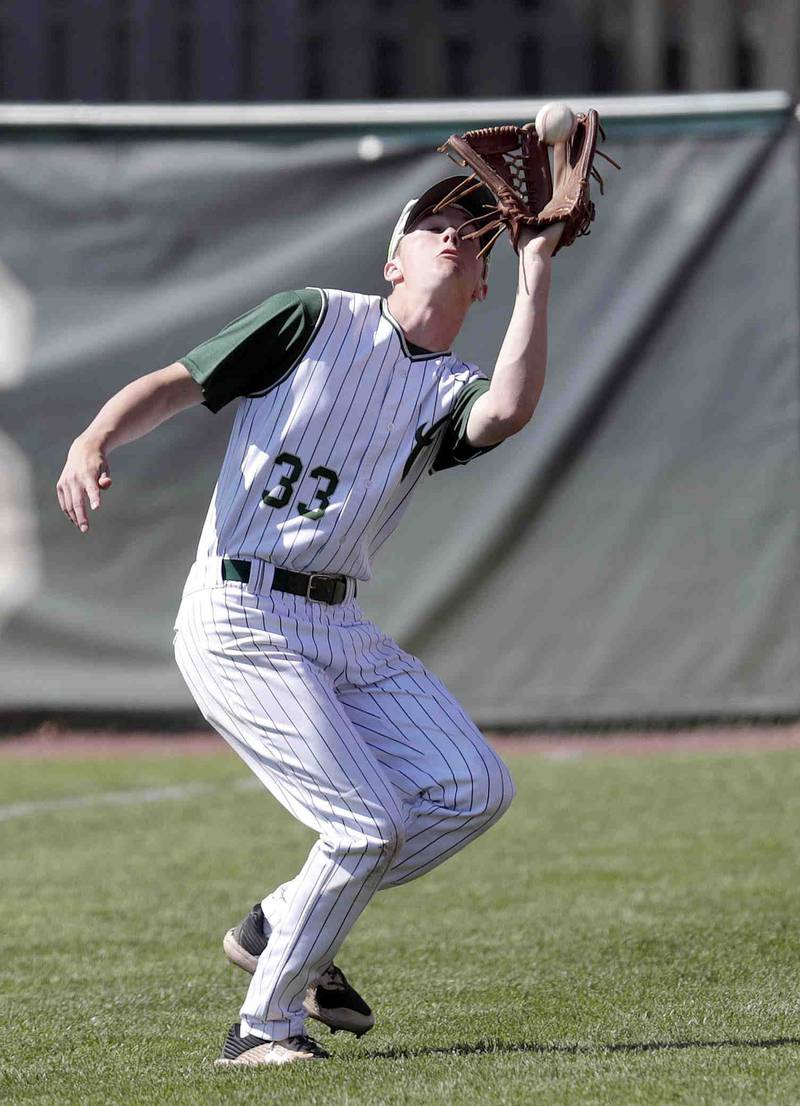 Grayslake Central's Adam Fitzgerald reels in a fly ball during the IHSA Class 3A sectional semifinals, Thursday, June 2, 2022 in Grayslake.