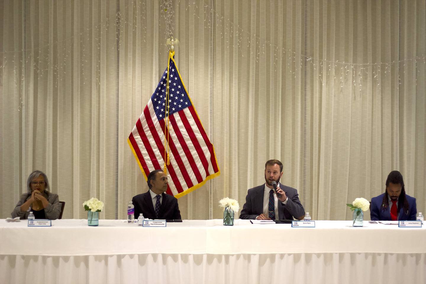 U.S. Rep. Robin Kelly (left), U.S. Rep. Raja Krishnamoorthi, Kevin Ryan and Jump Shepherd, at the Democratic U.S. Senate forum at the International Brotherhood of Electrical Workers in Joliet on Sunday, Sept. 14, 2025.