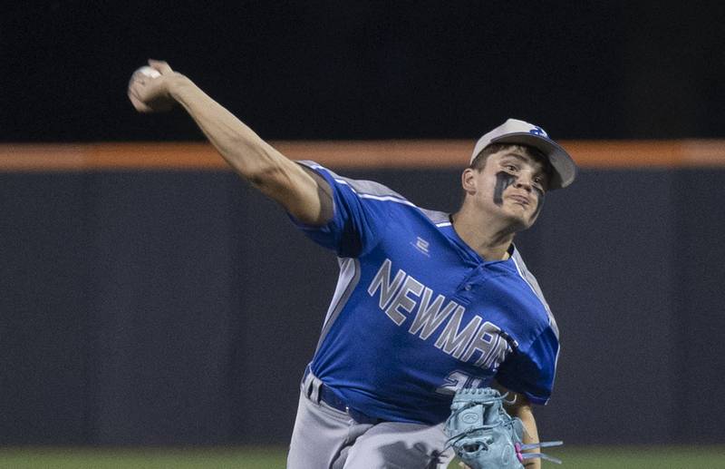 Newman’s Michael Morse fires a pitch against Teutopolis Friday, June 6, 2025, during the Class 2A state semifinal at Illinois Field in Champaign.