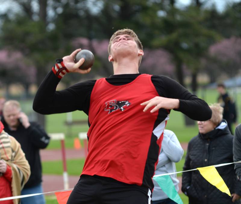 Erie-Prophetstown's Caleb Reymer throws the shot at the Hall of Fame Hawk Classic on Friday, May 2, 2025 at Landers-Loomis Field in Oregon.