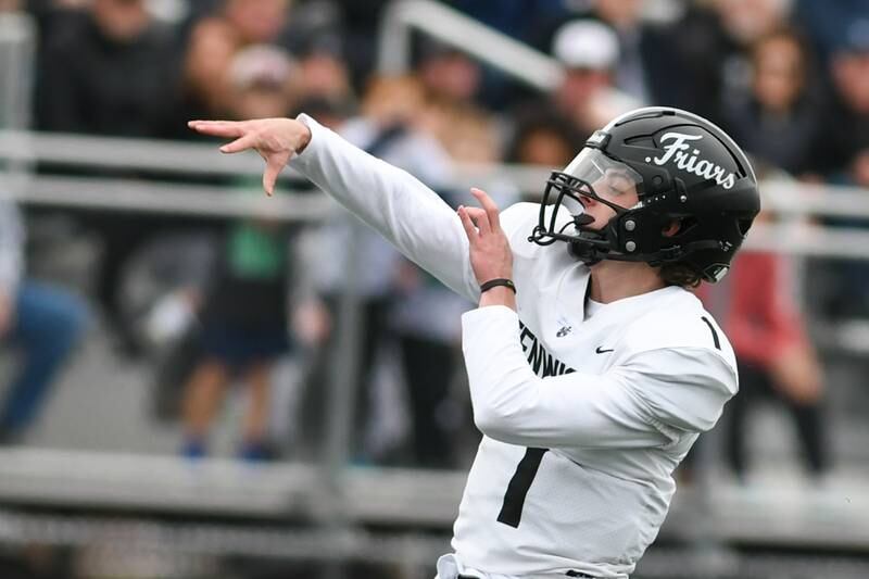 Fenwick's Frankie Hosty (1) throws for a passing play during the second week of the class 3A game on Saturday Nov. 9, 2024, while traveling to take on Downers Grove North.