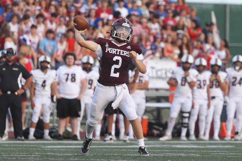 Lockport’s Conley Pfeiffer makes a pass against Plainfield North on Friday, August 30, 2024 in Lockport.