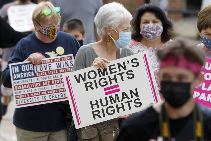 Attendees pack the historic Woodstock Square for a rally for abortion rights on Saturday, Oct. 2, 2021, in Woodstock.