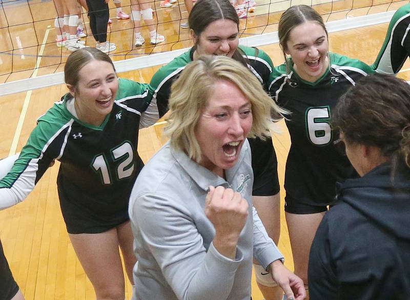 Rock Falls head volleyball coach Shelia Pillars reacts with the team after defeating Illinois Valley Central in the Class 2A Sectional final game on Wednesday, Nov. 1, 2023 at Princeton High School.