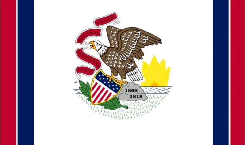 RELATIONSHIP TO ILLINOIS:
My late wife Maureen Thomas (1952-2023) was born and raised in Oak Park, Illinois.

EXPLAIN THE MEANING BEHIND YOUR FLAG:
The idea of mine is simply an embellishment to the existing flag (helps to save money on an entire new design). Placing red and blue vertical bars on each end (with a narrow white stripe in between the colors) eliminates the ‘seal-on-bedsheet’ look. Not overly imaginative, but practical and economic.