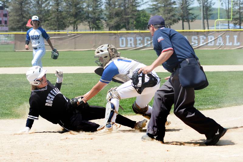 Rock Falls' Caden Schulz is tagged out at home during the championship game at the 2A Oregon Regional on Saturday, May 21. The Rockets lost to Rockford Christian 5-4 in eight innings.