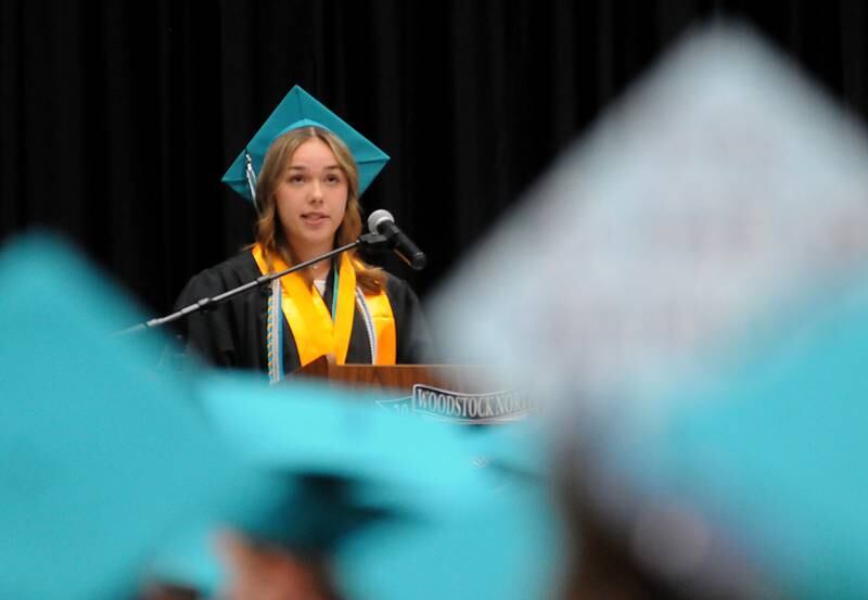 Salutatorian Mackenzie Rogers speaks Saturday, May 14, 2022, during the graduation ceremony at Woodstock North High School.