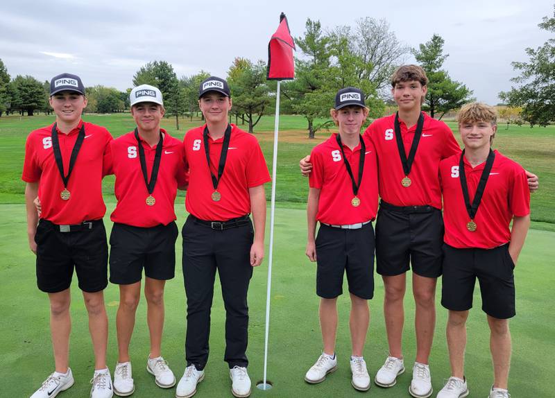 The Streator boys golf team (from left: Nolan Ketcham, Kolden Neumann, Brody Elias, Jack Studnicki, Brennen Stillwell, Keegan Angelico) won the Illinois Central Eight Conference meet for the second straight year on Monday at Wolf Creek Golf Club in Pontiac.