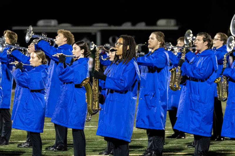 Lincoln-Way East’s pep band performs the National Anthem prior to a Lincoln-Way East’s varsity football home game against Sandburg on Oct. 23, 2025.