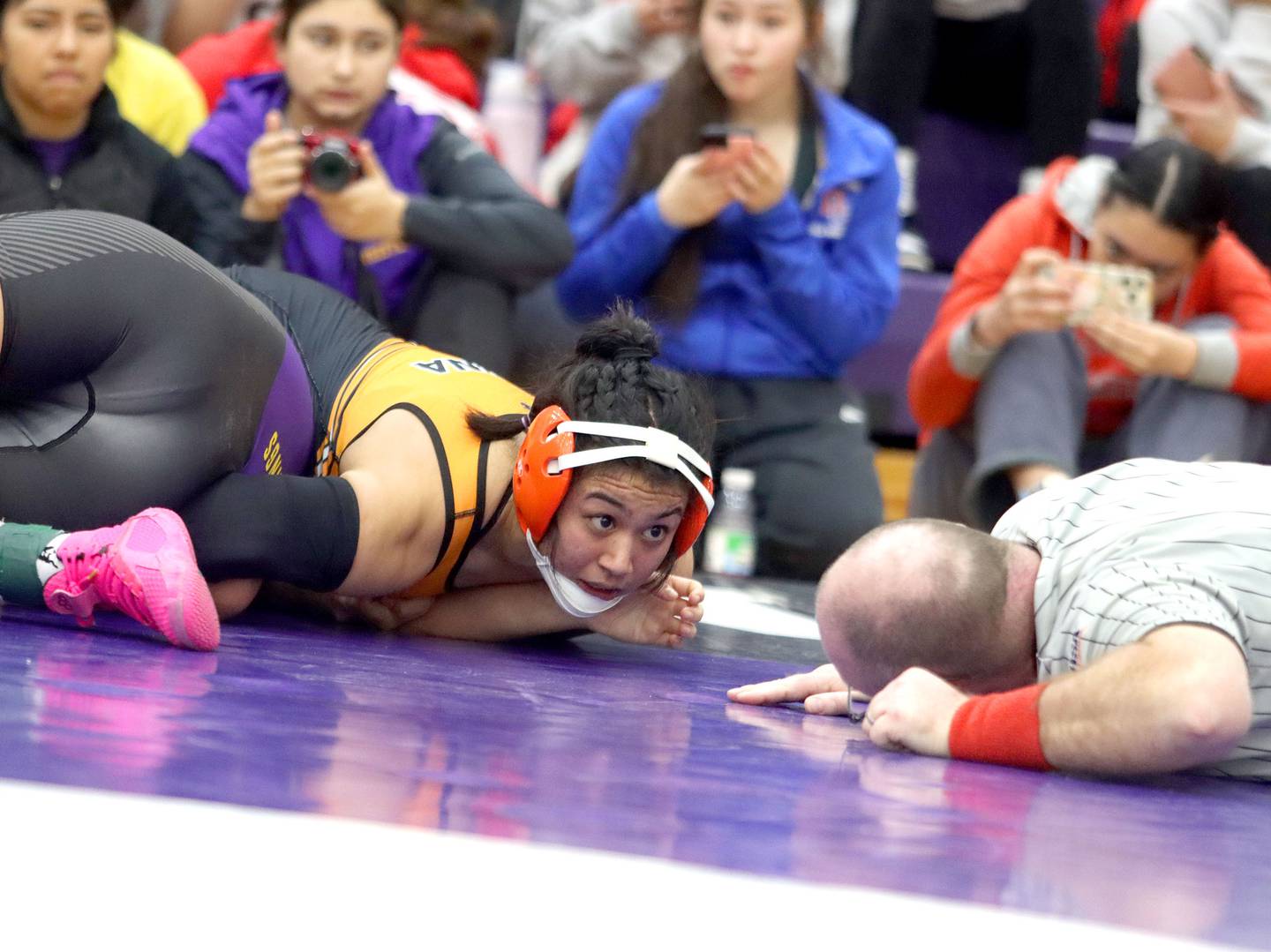 McHenry’s Natalie Corona pins Rolling Meadows’ Janet Brindis at 145 pounds in varsity girls IHSA Regional Championship wrestling action on Saturday, February 7, 2026, at Hampshire High School in Hampshire.