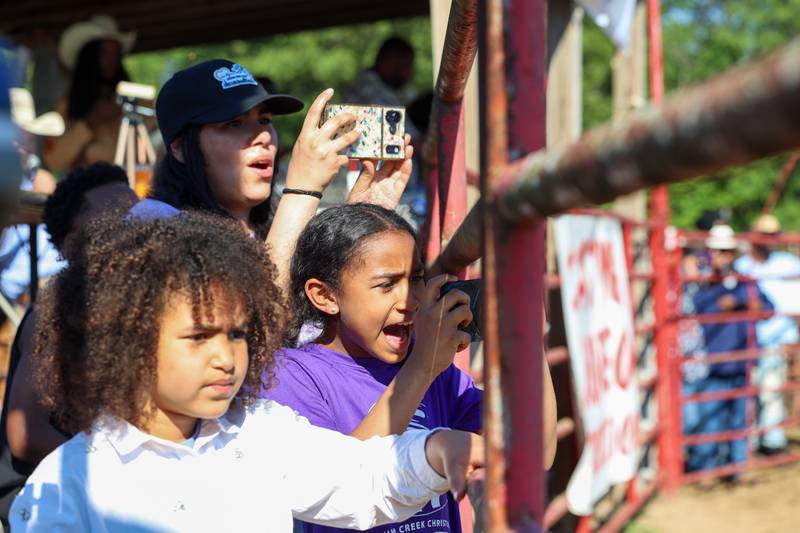 Amarissa Hughes, 10, center, cheers and records alongside her sister, Ayana, and mother, Marissa, as her father, Robert Hughes, takes down a steer during the 50th Pembroke Rodeo on Sunday, May 24, 2026.