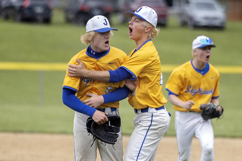 Johnsburg’s Peyton Mesce (left) and Evan Pohl celebrate a win against Byron Wednesday, May 28, 2025, in the Class 2A Sectional semifinal in Mendota. The two pitched the team to a 9-2 win.