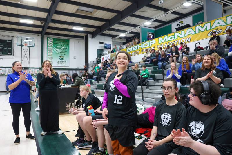 The crowd sings 'Happy Birthday' to River Valley Special Rec player Reem Abdelmeguid, center, at hafltime of their game against Lincolnway Special Recreation Association at Bishop McNamara on Friday, Jan. 30, 2026.