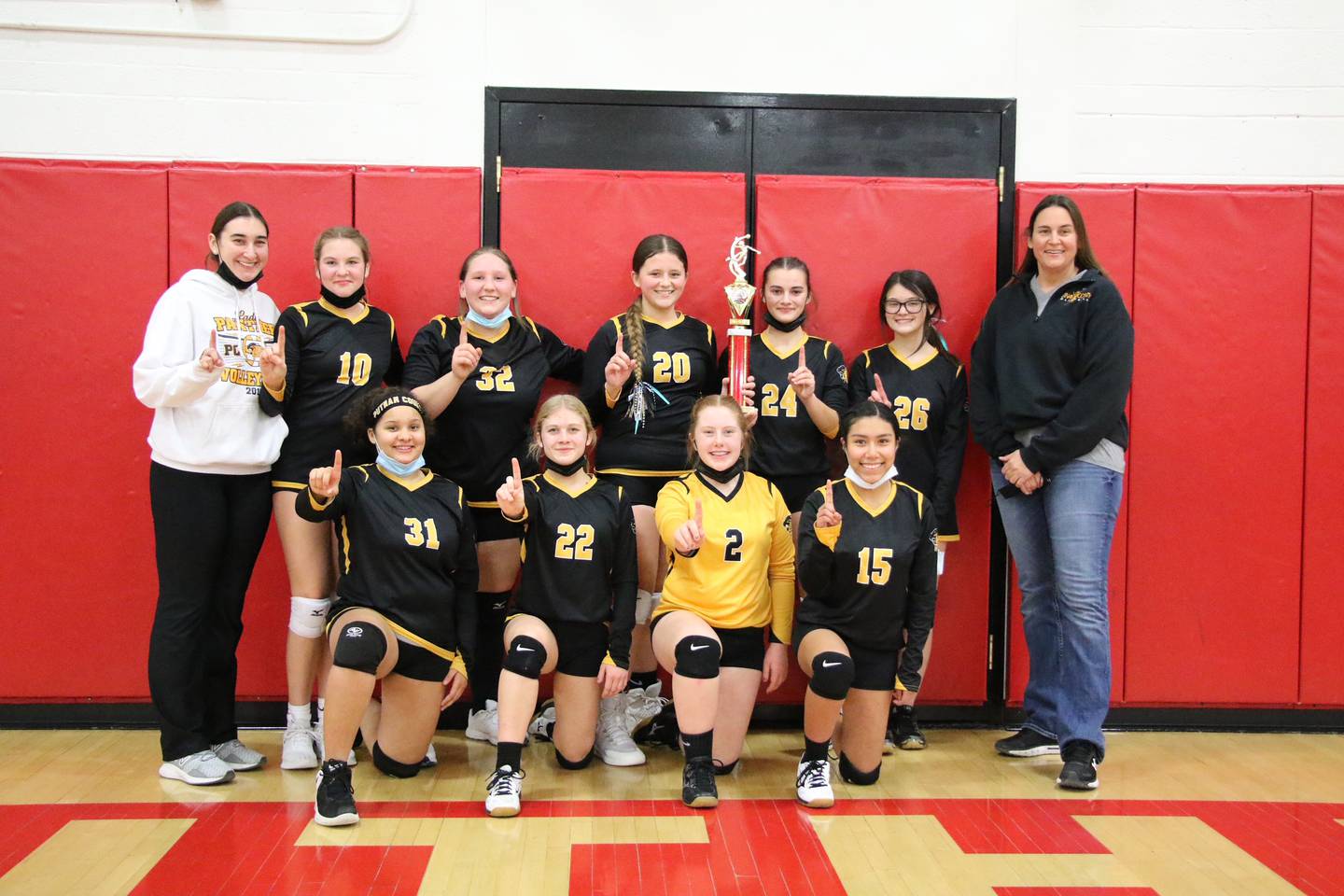 The Putnam County 8th grade volleyball team won the Marsailles Tournament. The Lady Pumas defeated MVP in the first round 21-25, 25-20,15-9 and Marsailles 25-19, 25-22 to advance to the championship to defeat Ottawa Marquette 25-23, 25-21. Team members are (front row) Emmalee Waclaw, Lanie Caukins, Cadie Bickett and Ashley Cano; and (back row) assistant coach Madison Solomon, Myah Richardson, Ella Irwin, Teaghan Gualandi-Sarcee, Ella Pyszka, Addy Leatherman and head coach Shannon Jenkins.