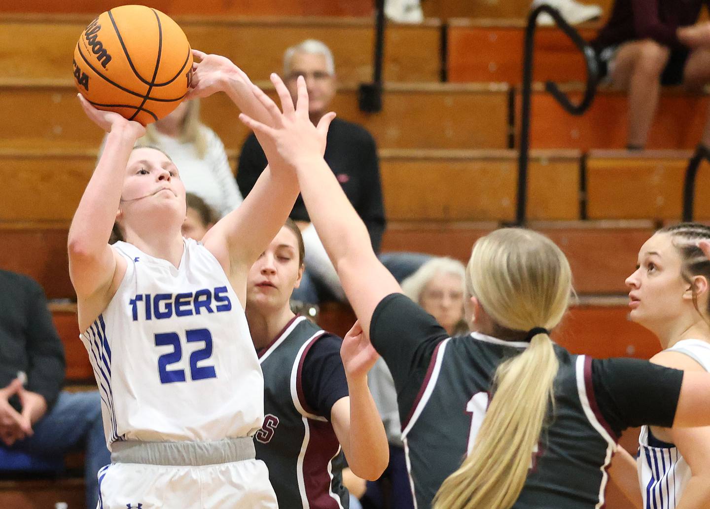 Princeton's Camryn Driscoll looks to shoot a shot over Illinois Valley Central's Kayt Miller during the Princeton High School Girls Basketball Holiday Tournament on Saturday, Nov. 22, 2025 at Princeton HIgh School.