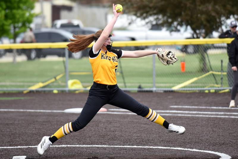 Herscher's Lily Tucek throws a pitch during a Class 2A Manteno Regional quarterfinal against Peotone at Herscher Monday, May 18, 2026.