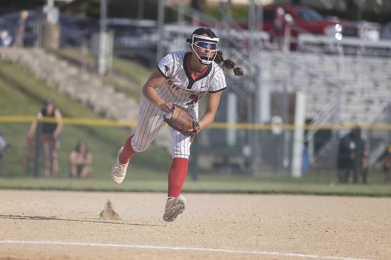 Fulton’s Kerby Germann comes up throwing for an out against Orangeville Tuesday, May 26, 2026, at the Eastland Class 1A softball sectional quarterfinal.