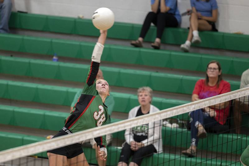 Lasalle-Peru’s Aubrey Duttlinger hammers a shot against Rock Falls Wednesday, Sept. 4, 2024, at Rock Falls High School.