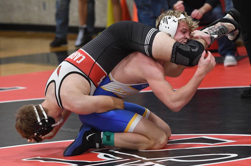 Johnsburg's Tanner Hansen lifts Stillman Valley's Chase Jones at 150 pounds at the Stillman Valley Holiday Tournament on Saturday, Dec. 20, 2025 at Stillman Valley High School.