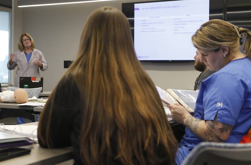 Sexual Assault Nurse Examiner Kelly Klein, of Northwestern Medicine, teaches other nurses about SANE procedures at Northwestern Medicine McHenry Hospital on Thursday, April 11, 2024.