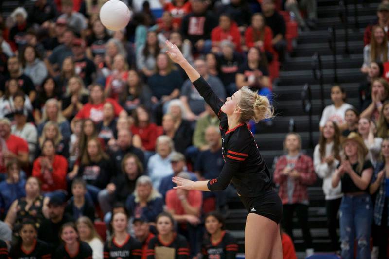 Huntley's Ally Panzloff with the kill shot against Barrington at the Class 4A Super Sectional Final on Friday, Nov. 4,2022 in Dundee.
