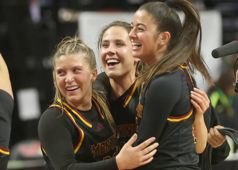 Montini players Lily Spanos, Peyton Farrell and Natalie Gartlan react after defeating Quincy Notre Dame during the Class 3A State semifinal game on Thursday, March 6, 2025 at CEFCU Arena in Normal.