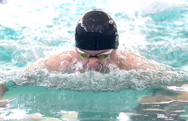 Connor Chan completes the breaststroke leg of the 200-yard medley relay for the Cary-Grove co-op at the Fox Valley Conference Boys Swimming Invite at Woodstock North on Saturday.