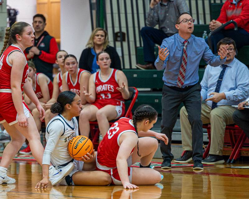 Ottawa's Head Coach Brent Moore reacts after Officials foul call after Mary Stisser (23) of Ottawa and Nia Harris (10) of Sterling battled over loose ball during Regional Championship game on Thursday, Feb. 19, 2026 in Sellett Gymnasium at L-P High School.