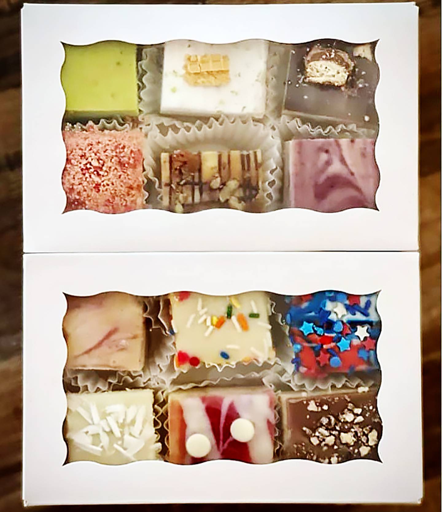 Cubed cheesecake sampler squares are available in a small or large box.