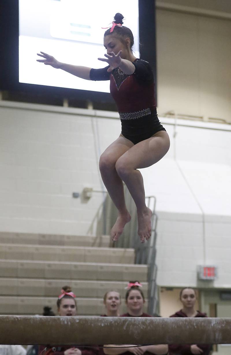 Prairie Ridge’s Gabriella Riley competes on the balance beam Wednesday, Feb. 8, 2023, during  the IHSA Stevenson Gymnastics Sectional at Stevenson High School in Lincolnshire.