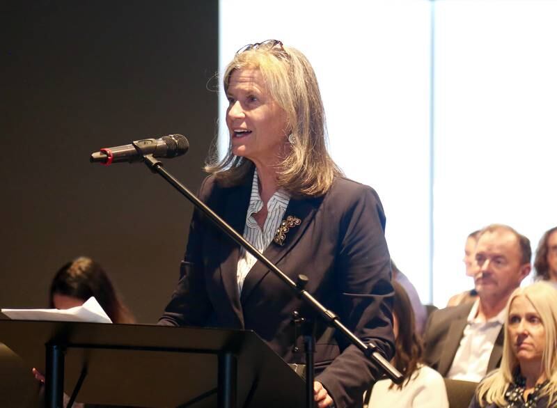 Teri Frankiewicz, senior vice president and chief operating officer of Crown Community Development, speaks at the Special Plan Commission Meeting on Monday, Aug. 12, 2024 in Sugar Grove.