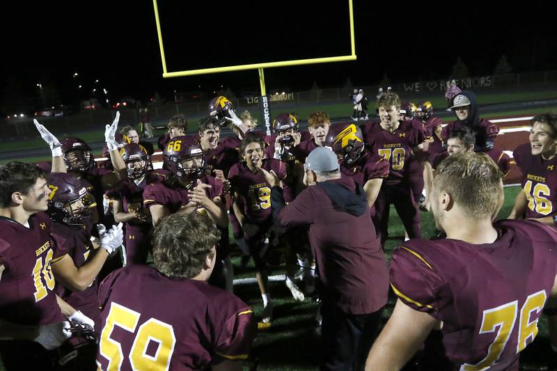 Richmond-Burton Head Coach Mike Noll celebrates their win over Morris in a Kishwaukee River Conference / Interstate 8 Conference crossover football game Friday, Sept. 30, 2022, at Richmond-Burton Community High School in Richmond.