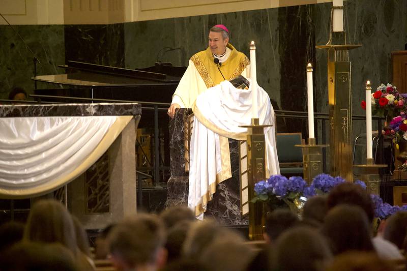 Bishop Ronald Hicks, of the Diocese of Joliet, at a Mass celebrating the election of Pope Leo XIV on Friday, May 9, 2025, at Cathedral of St. Raymond Nonnatus in Joliet.