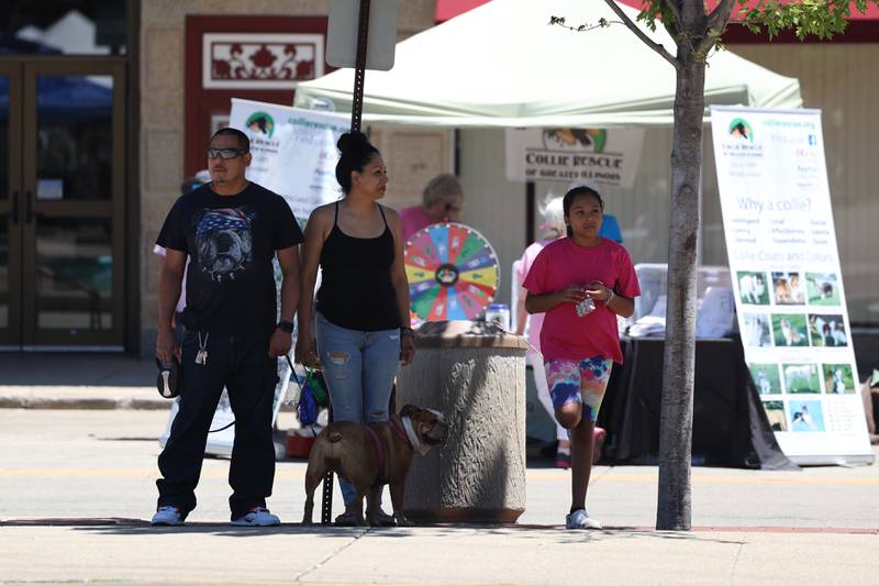 A family finds a small patch of shade at Paws on 66 Pet Rescue Day held Saturday in downtown Joliet.