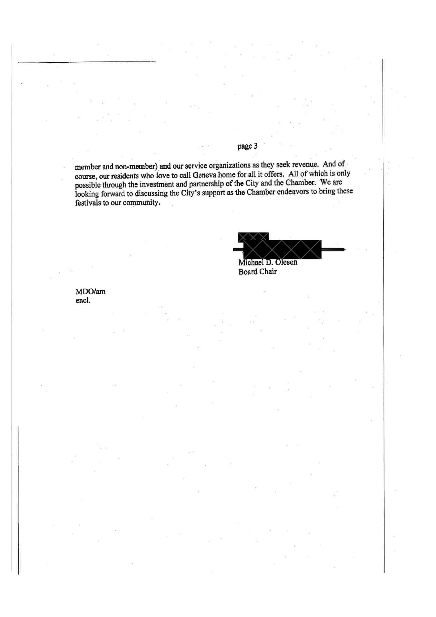 A letter from Geneva Chamber of Commerce Board President Michael Olesen to city officials about seeking funds for its 2026 festival season.