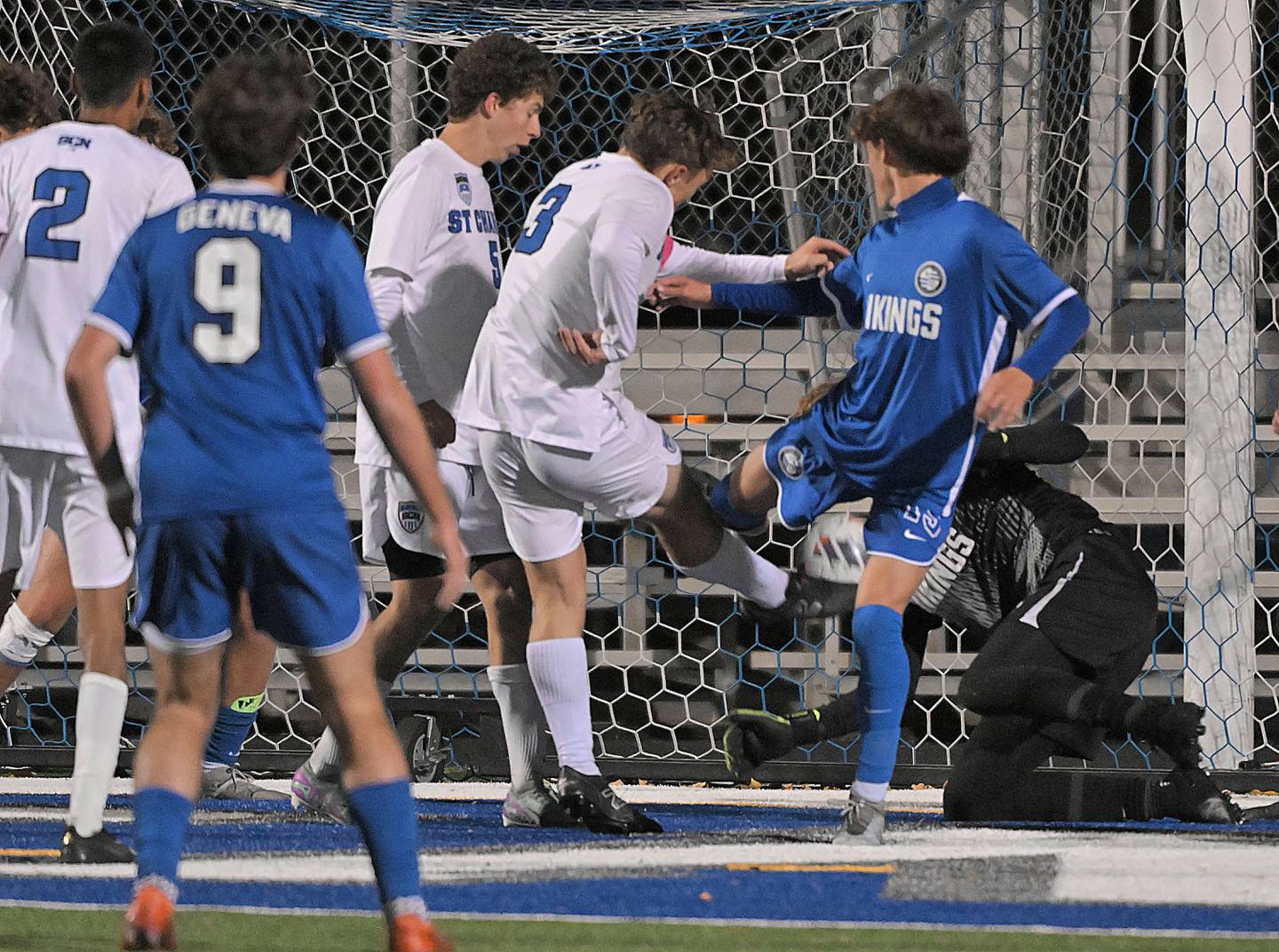 With time expiring, Geneva’s St. Charles North’s Casey Kriz kicks what the North Stars thought was the winning goal but was called off by the referee in a boys soccer game in Geneva on Tuesday, Oct. 15, 2024.