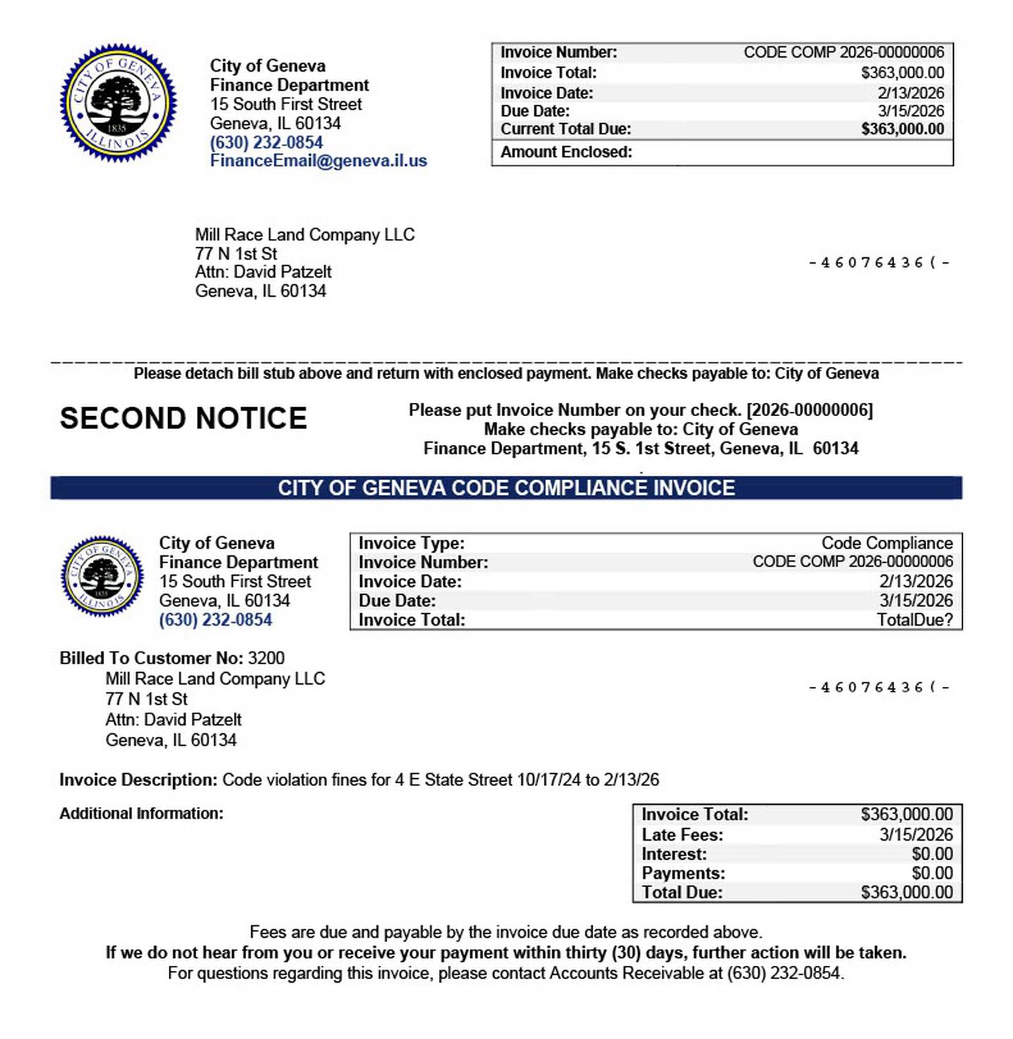A second 2026 invoice the city of Geneva sent to the Mill Race Land Company LLC, an entity created by Shodeen Development, for a $750-per-day fine in connection with a property maintenance citation from 2024.