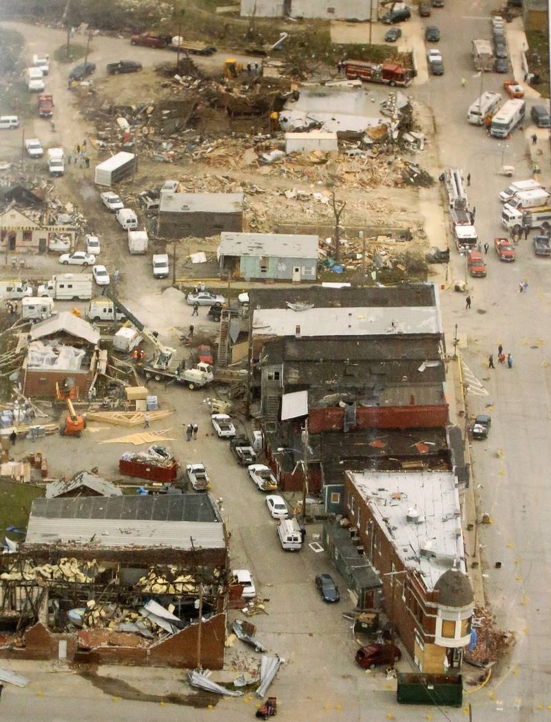An aerial view of the damage from ABC 7's helicopter on Wednesday, April 21, 2004 in Utica.