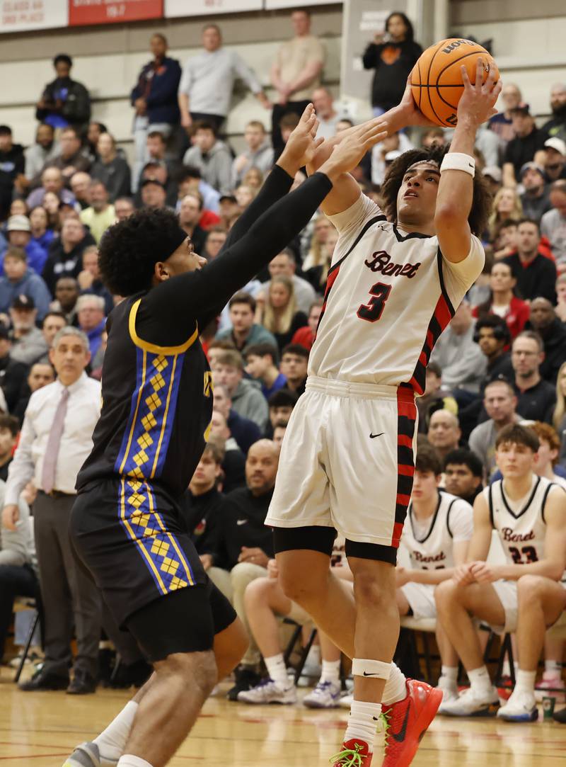 Benet's Jayden Wright (3) puts up a shot during the When Sides Collide Shootout basketball tournament between Benet Academy and Warren Township high schools on Saturday, Jan. 24, 2026 in Lisle, IL.