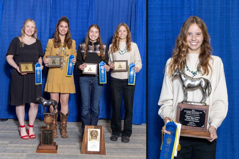 The Eastern National 4-H Horse Roundup champion team includes Talisa Thomas, Ellis Rogers, Hannah Wenzel and Allison Burrs. Burrs, of Dixon, far right, was the top individual point winner at the Eastern National 4-H Horse Roundup.